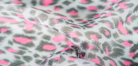 Blurred view of patterned fabric, showcasing pink and dark shapes scattered across a soft,...