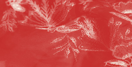 Blur. A close-up of red fabric with soft, flowing textures and elegant floral embroidery. The intricate stitchwork adds depth, creating a beautifully refined pattern against the red backdrop.の写真素材