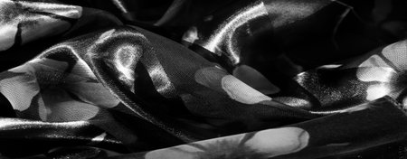 Blur of striped fabric featuring subtle floral prints in grayscale. The delicate petals create a soft, harmonious look, ideal for elegant and minimalistic designs.の写真素材