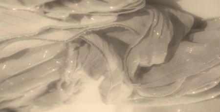 Blur. This sepia-toned image captures the intricate texture of fabric folds with a shimmering thread running through. The soft light highlights the subtle luster, giving it a dreamy, vintage feel.の写真素材