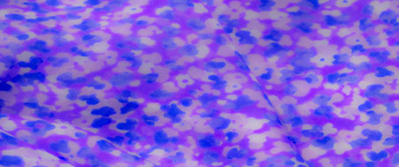 Blur of delicate purple and blue fabric with a soft floral pattern. The fabric's gentle folds create...