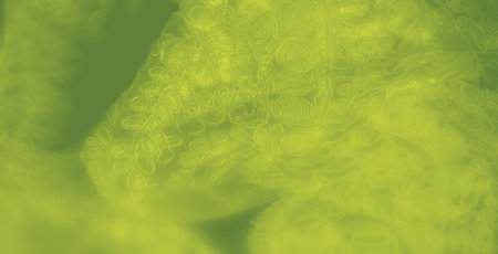 Blur of vibrant green fabric with swirling and floral patterns, adding depth and detail. The soft, glowing surface creates an inviting texture for backgrounds and textilesの写真素材