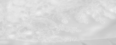 Blurred close-up of delicate white lace fabric featuring intricate swirling and floral designs. The fine embroidery and soft light emphasize a luxurious, elegant appealの写真素材