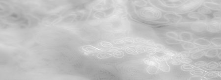 Blurred close-up of elegant white lace fabric with intricate floral and swirling patterns. The delicate, light texture and fine weaving make this ideal for a soft, romantic look.の写真素材