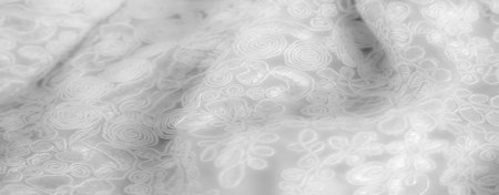 Blurred soft-focus view of white lace fabric adorned with swirls and floral embroidery, creating a delicate texture ideal for adding sophistication to textile projects.の写真素材
