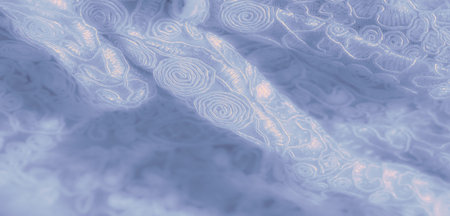 Blurred blue lace fabric with intricate floral and spiral designs, bathed in soft light that...