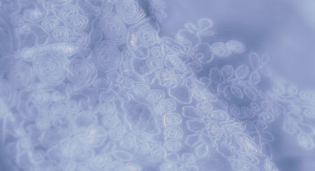 Blurred abstract lace pattern in a soft blue hue, showing intricate floral designs and delicate textures, enhanced by gentle lighting for an ethereal and refined feel.の写真素材