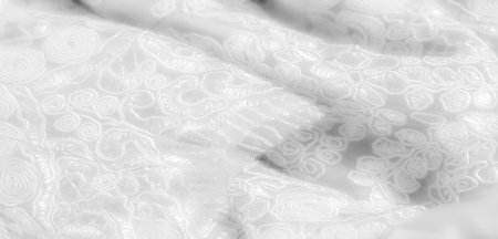 Blurred view of delicate white lace with swirling and floral patterns, showing a graceful texture perfect for adding elegance to textile or fashion designs.の写真素材