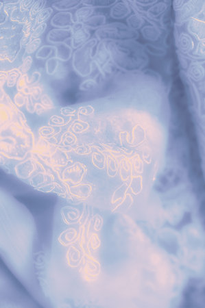 Blur of a soft blue lace fabric with swirling floral embroidery, enhanced by gentle highlights that bring out the fine details. The intricate patternの写真素材