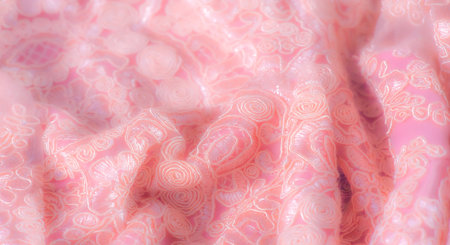 Blur, close-up of a delicate peach lace fabric with intricate swirling patterns and floral designs, featuring a subtle sheen that adds elegance and texture.の写真素材