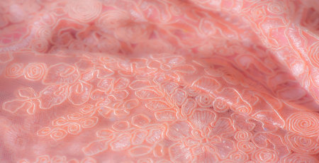 Blur - A closeup of peach lace with swirling and floral motifs, showing fine embroidery and intricate lace details. Perfect for adding a soft, romantic touch to design projectsの写真素材