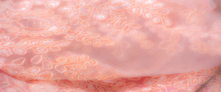 Blur: Peach lace fabric with an elegant blend of swirling patterns and floral motifs. The soft texture and pastel hue make it ideal for luxury design projects in fashion and decor.の写真素材