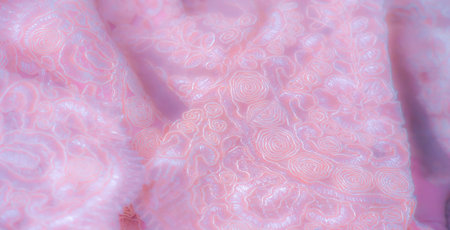 Blurred intricate peach-colored lace fabric with delicate swirling and floral patterns. Close-up highlights texture of the fabric's embroidery and fine details.の写真素材