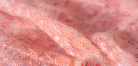 Blur - Peach-colored lace with delicate swirling patterns, revealing fine embroidery. This soft, textured fabric is ideal for feminine, romantic, and elegant textile projects.の写真素材