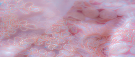 Blur. Peach lace fabric with an elegant floral and swirling pattern design, showing meticulous craftsmanship in its intricate textures and soft, pastel aesthetic, perfect for textile artの写真素材