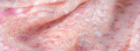 Blur, soft pink lace fabric with elegant swirl and floral patterns, creating a romantic and delicate texture suitable for wedding decor or high-end fashion applicationsの写真素材