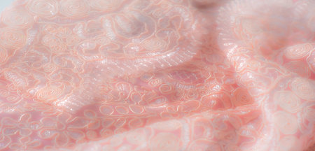 Blur, close-up of a delicate peach lace fabric with intricate swirling patterns and floral designs, featuring a subtle sheen that adds elegance and texture.の写真素材