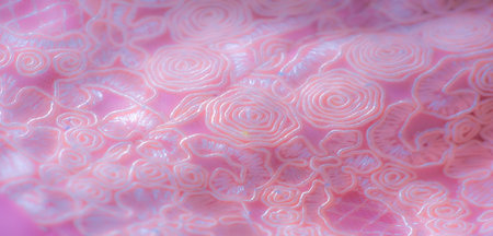 Blur - Peach lace fabric with intricate spiral and floral patterns, creating an elegant and delicate look. The soft texture and fine embroidery are perfect for stylish decor.の写真素材
