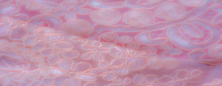 Blur - Elegant peach-colored lace fabric adorned with intricate floral designs and swirling...