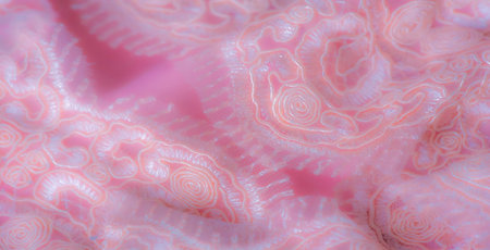 Blur - Peach lace fabric with detailed floral and spiral embroidery, creating an elegant, soft, and feminine feel. The fabric's intricacy makes it suitable for decor and fashion applications.の写真素材