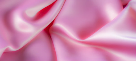 Blur of delicate pink satin fabric with smooth, soft folds. The material's lustrous texture is illuminated with soft highlights, giving it a dreamy, luxurious appeal.の写真素材