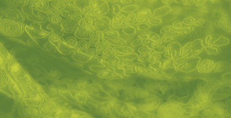 Blur light yellow-green fabric filled with finely embroidered swirls and petal-like patterns. The flowing, organic design radiates warmth and artistic elegance, enhancing its visual appeal.の写真素材