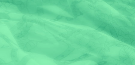Blur Gentle folds in light green fabric with an intricate floral pattern, evoking softness and refinement. The translucent material brings a peaceful, airy quality.の写真素材