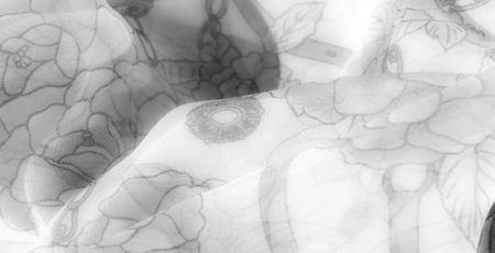 Blurred intricate floral and chain details in grayscale on fabric. The stirrup motifs add depth, creating a sophisticated yet subtle pattern ideal for textile decorの写真素材