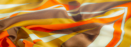 Blur of vivid fabric with rich orange, yellow, and brown tones, featuring intricate stripes and a...