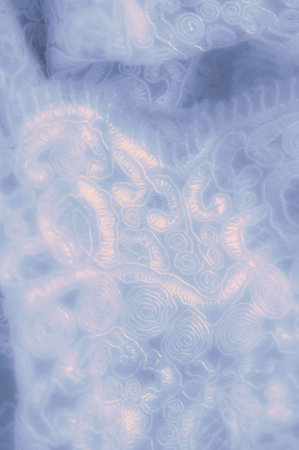 Blur of ornate lace fabric with soft blue floral and swirl designs. The folds add texture and depth,...