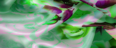 Blur of smooth, green and purple floral fabric with elegant folds. This design features a soft, pastel look with delicate roses and leaves, perfect for an interior decor accentの写真素材
