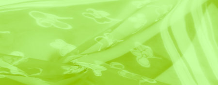 Blur. A glowing green translucent fabric with delicate floral patterns, enhanced by subtle folds and a smooth texture, creating a harmonious and visually appealing fabric designの写真素材