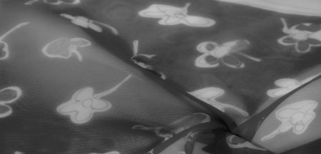 Blurred black and white photograph capturing the beauty of floral motifs on fine fabric. The intricate design and soft folds add depth and sophistication to the texture.の写真素材