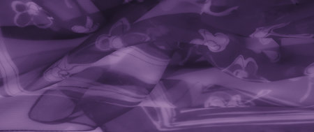 Blurred purple fabric with delicate floral and striped patterns, flowing gracefully with soft folds and sheer texture, creating a sense of elegance and depth.の写真素材