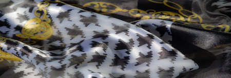 Blur the smooth orange fabric with intricate floral designs and striped details, offering a...