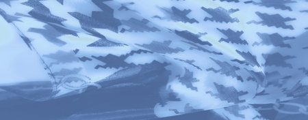 Blurred folds of delicate blue fabric adorned with intricate houndstooth patterns and chains, creating a smooth and vibrant texture that highlights modern sophistication.の写真素材