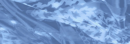 Blur - Light blue fabric flows delicately with bold houndstooth and chain-inspired patterns,...