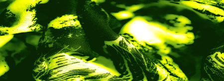 Blurred vivid yellow and green patterned fabric with intricate folds and textured surface, showing...