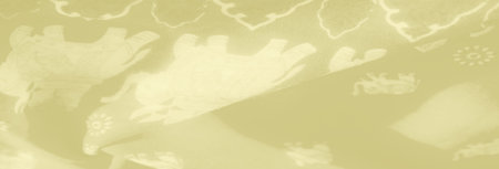 Blurred delicate yellow fabric showing subtle heart and floral patterns, with flowing textures...