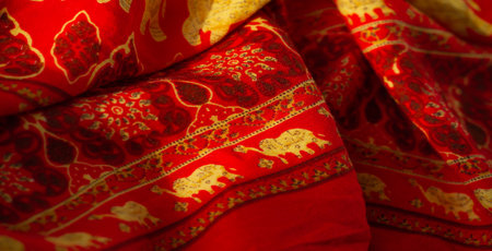 Blur: Deep red fabric with golden elephants and intricate paisley-like accents, highlighting cultural heritage and elegance in a bold, luminous textile with a soft touch.の写真素材