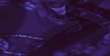 Blur, striking purple fabric with intricate patterns and soft geometric accents, featuring delicate...