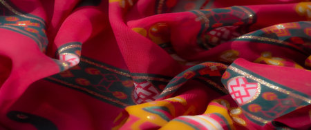 Blur, dynamic pink and orange fabric with geometric and floral patterns, featuring fine green...