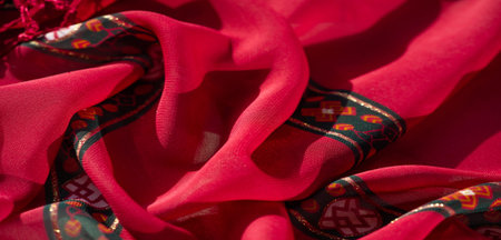 Blurred close-up of colorful fabric showcasing yellow floral elements and bold red and green...