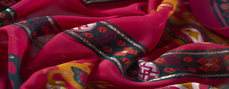 Blur of a folded fabric with bold floral patterns in red and orange, accented with green and black...