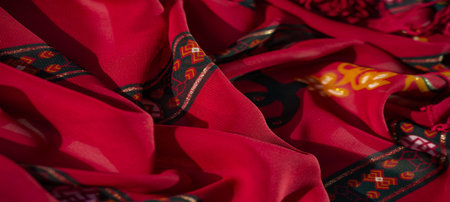 Blurred vibrant fabric featuring intricate floral and geometric patterns in red, orange, and green...