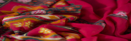 Blur: A close-up view of red fabric with bold geometric accents and artistic floral patterns in gold...