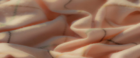 Blur, closeup of soft pink fabric with intersecting black and green plaid lines. The smooth folds and delicate curves create a textured, inviting pattern illuminated by light.の写真素材