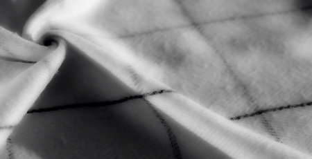 Blur, close-up of monochromatic fabric with smooth swirls and geometric black grid patterns. Light...