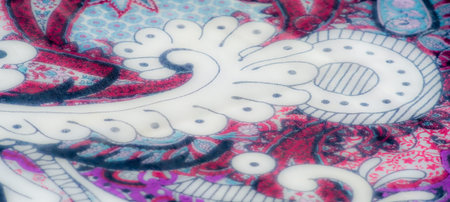 Blurred close-up of a fabric with contrasting snake-like patterns and vibrant pink and blue paisley accents, offering a mix of modern and traditional design elements.の写真素材
