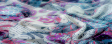 Blur of draped fabric with bold black, white, and purple patterns interspersed with vivid red and...